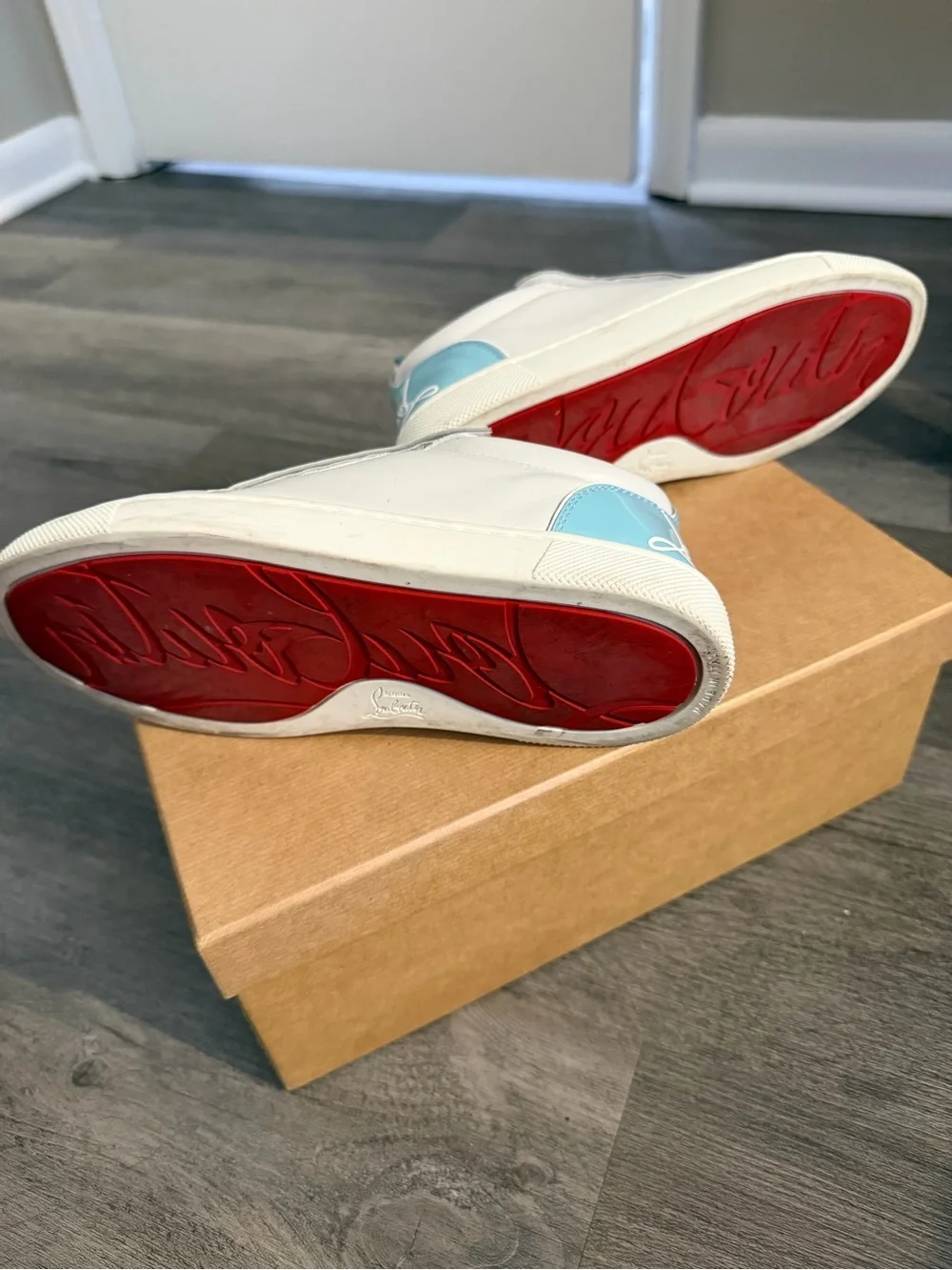 Christian Louboutin Kids White Sneakers with Light Blue Heel Tab